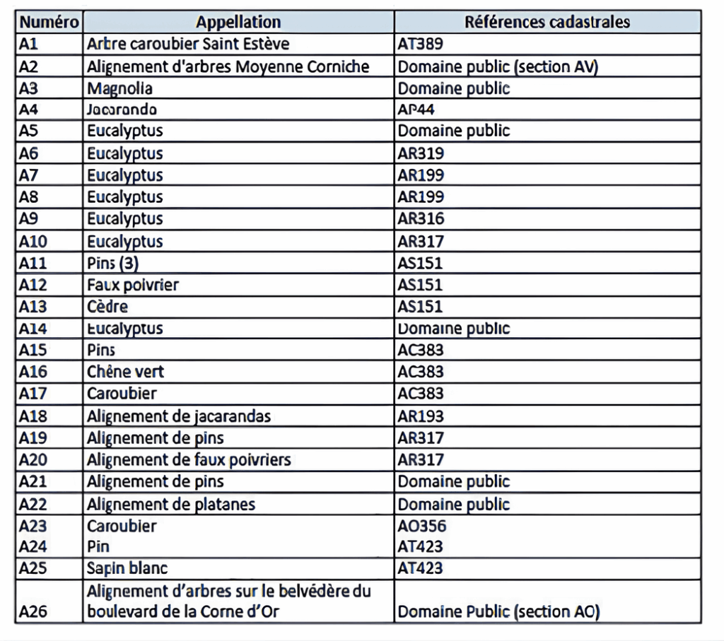 Document informatif faisant l'inventaire des espèces d'arbres présentes à Villefranche-sur-Mer